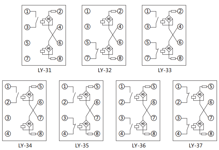 LY-34電壓繼電器內(nèi)部接線及外引接線圖 LY-34電壓繼電器內(nèi)部接線及外引接線圖
