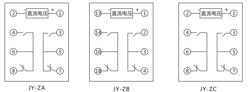 JY-ZB直流高低值電壓繼電器內(nèi)部接線及外引接線圖 JY-ZB直流高低值電壓繼電器內(nèi)部接線及外引接線圖
