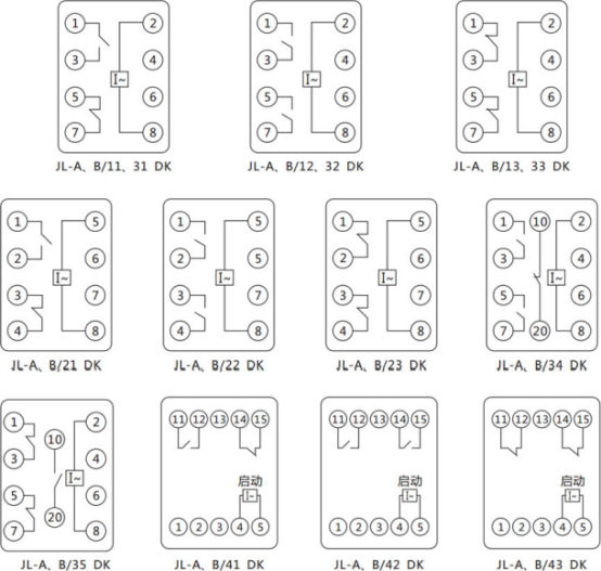 JL-A、B/32 DK無輔源電流繼電器內(nèi)部接線及外引端子圖（正視圖）