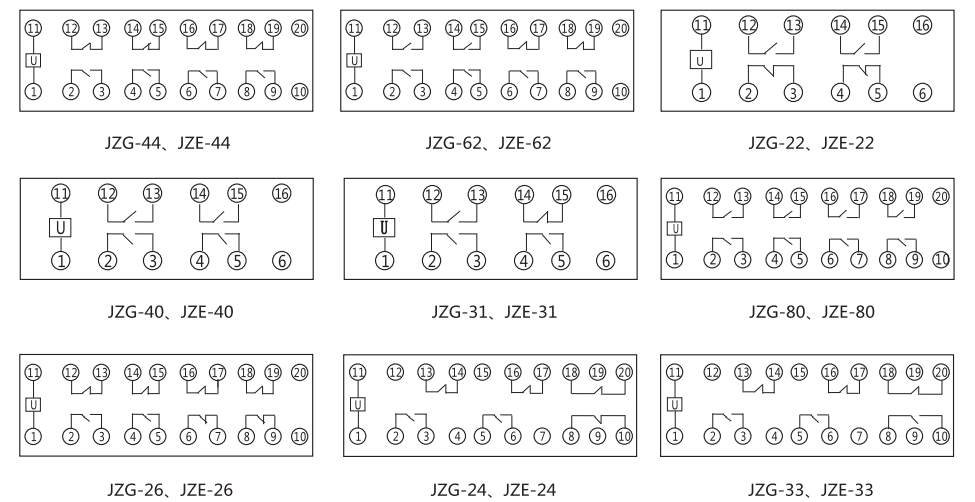 JZE-22卡軌式靜態(tài)中間繼電器內(nèi)部端子外引接線圖 JZE-22卡軌式靜態(tài)中間繼電器內(nèi)部端子外引接線圖