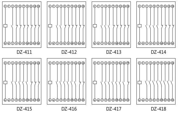 DZ-418中間繼電器內(nèi)部接線圖以及外引接線圖 DZ-418中間繼電器內(nèi)部接線圖以及外引接線圖